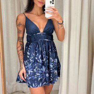 Farm Rio Mini Dress Navy Blue Floral Cotton Sleeveless Medium NWT